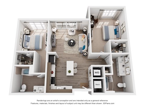 Floor plan for 2 beds, 2 baths, 1017 sqft
